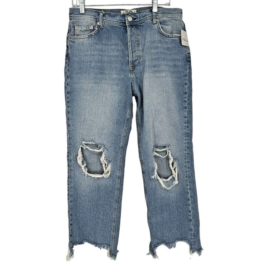 We The Free People Maggie Mid Rise Straight Leg Jeans Distressed Light Stone -29